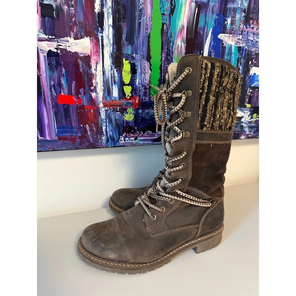 Bos & Co Brown Leather Knit Trim Lug Sole Winter Boots | Size 38 / 7.5
